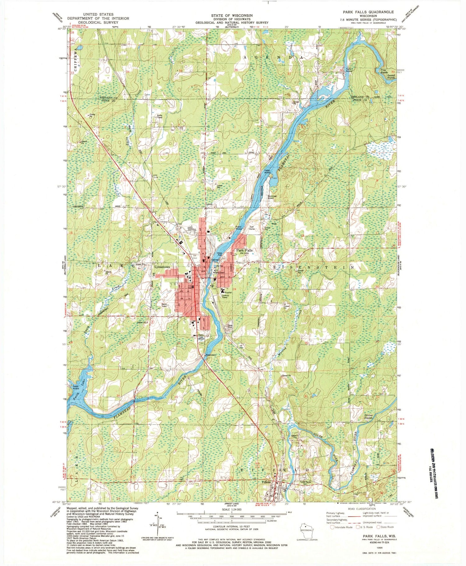 Classic USGS Park Falls Wisconsin 7.5'x7.5' Topo Map Image