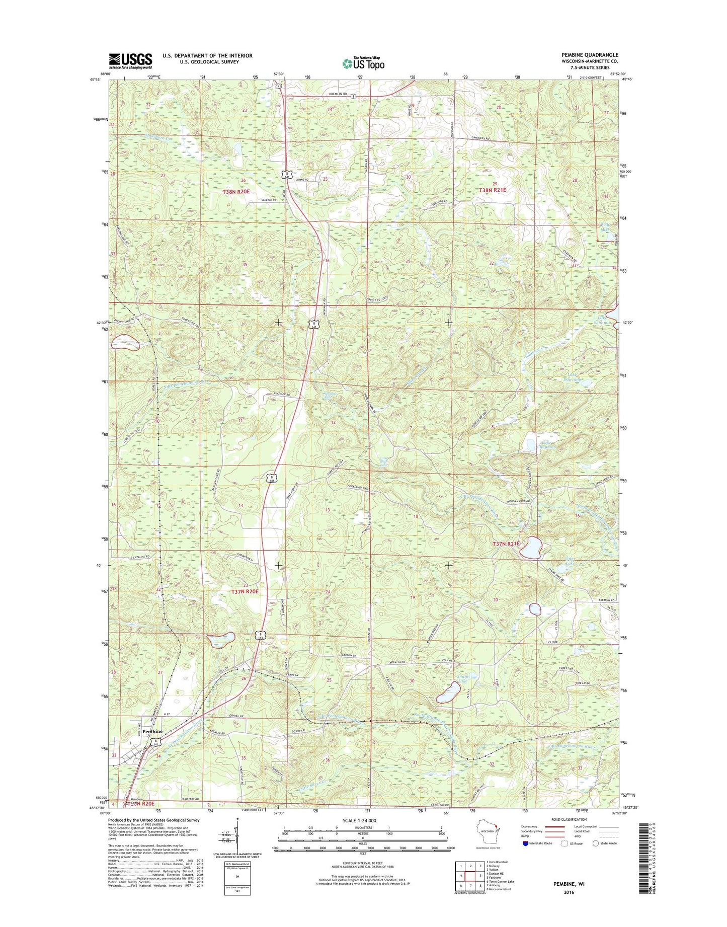 Pembine Wisconsin US Topo Map Image