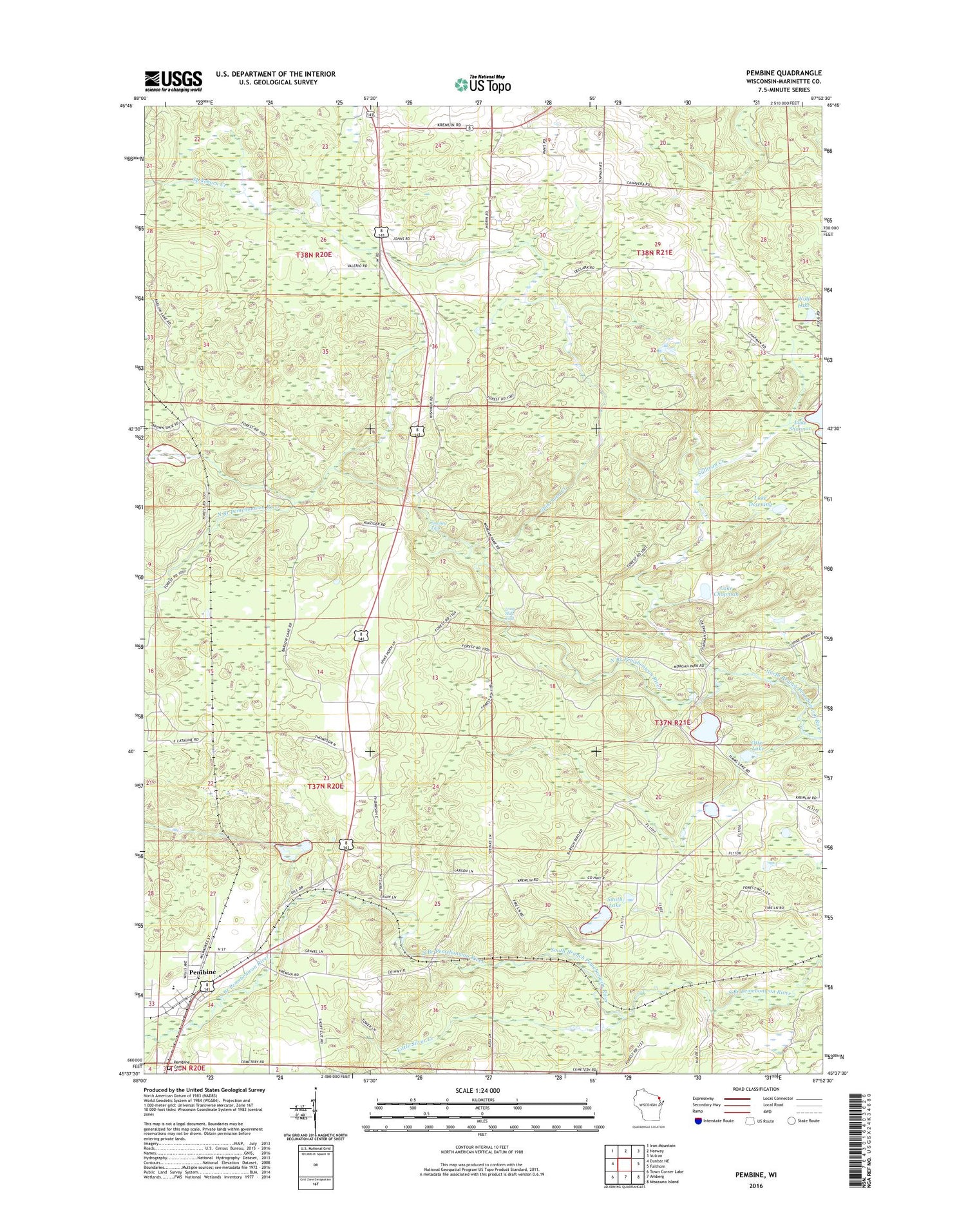 Pembine Wisconsin US Topo Map Image