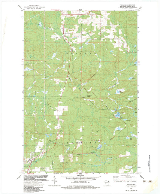 Classic USGS Pembine Wisconsin 7.5'x7.5' Topo Map Image
