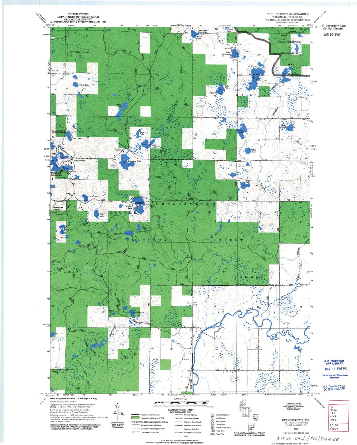 Classic USGS Perkinstown Wisconsin 7.5'x7.5' Topo Map Image