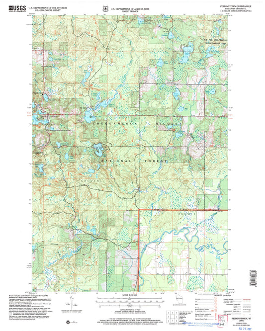 Classic USGS Perkinstown Wisconsin 7.5'x7.5' Topo Map Image