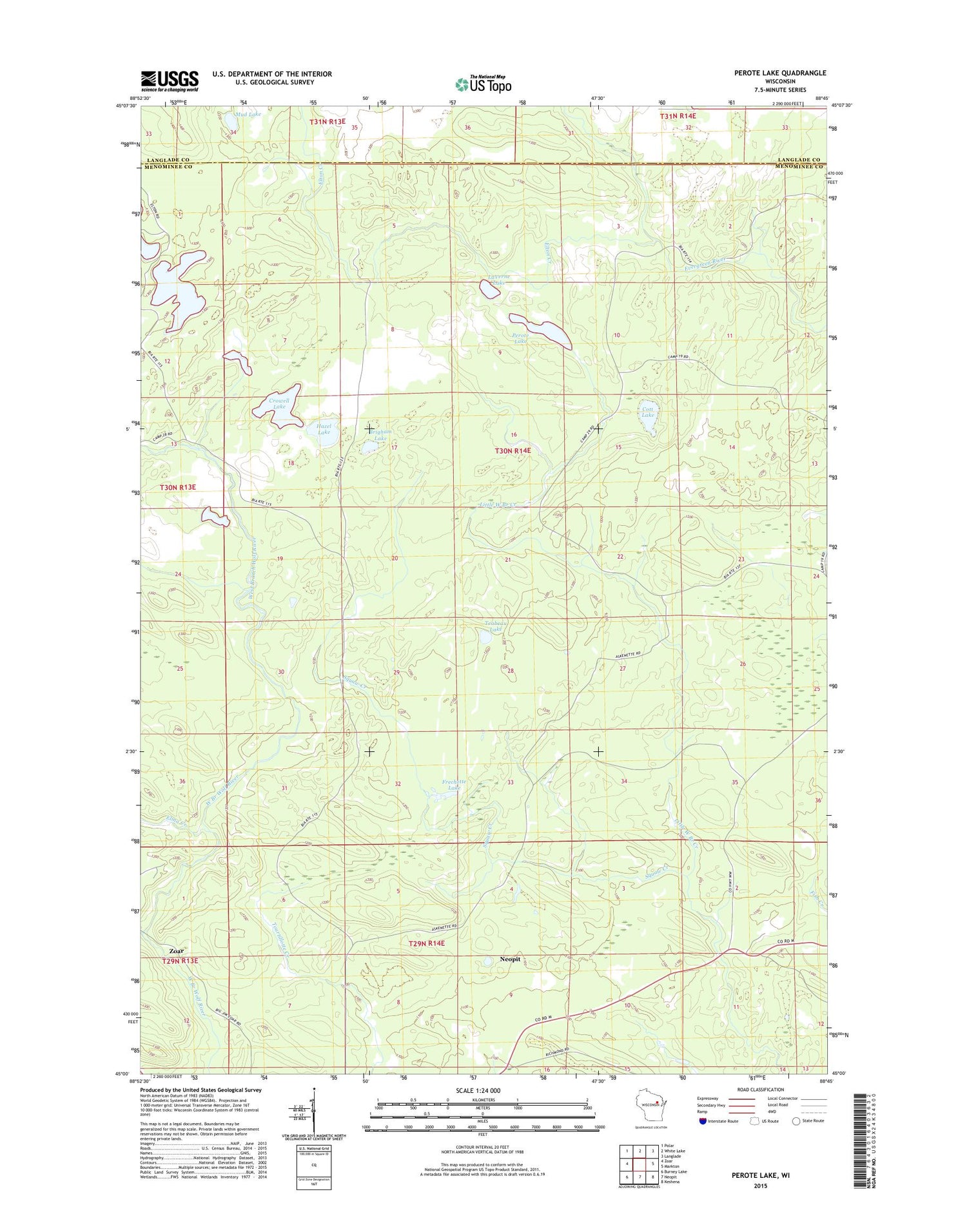 Perote Lake Wisconsin US Topo Map Image