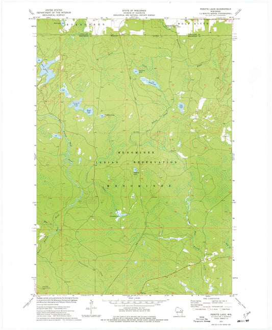Classic USGS Perote Lake Wisconsin 7.5'x7.5' Topo Map Image