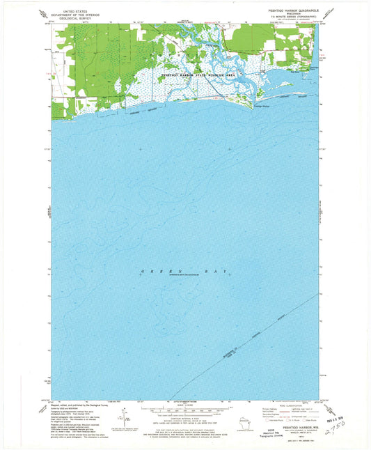 Classic USGS Peshtigo Harbor Wisconsin 7.5'x7.5' Topo Map Image