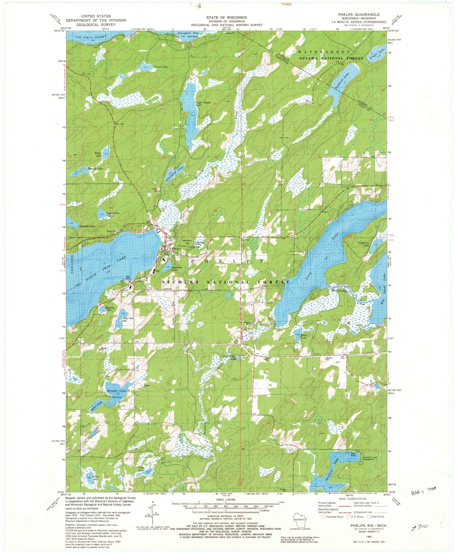 Classic USGS Phelps Wisconsin 7.5'x7.5' Topo Map Image