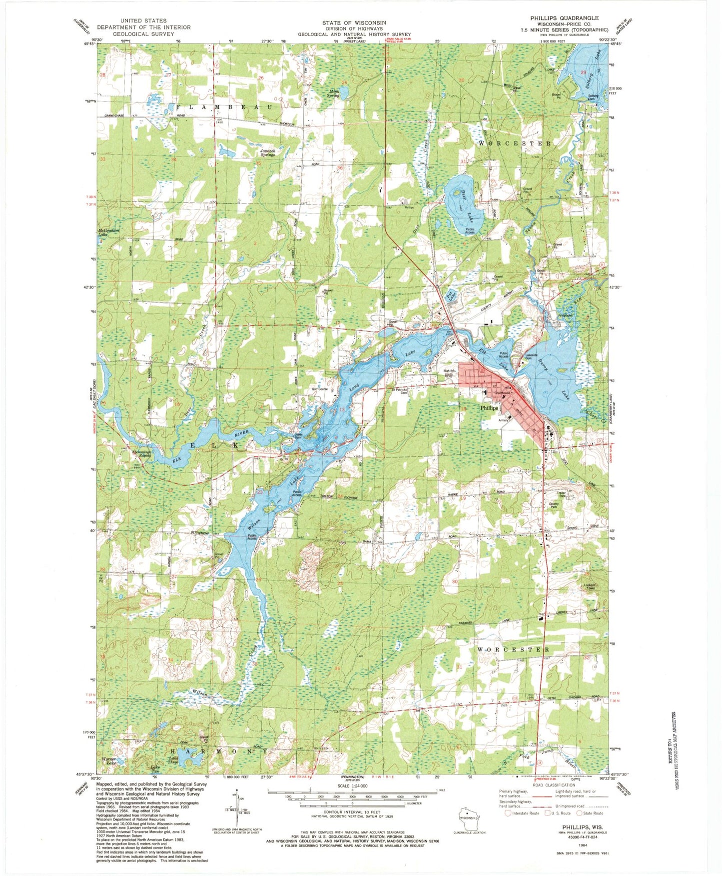 Classic USGS Phillips Wisconsin 7.5'x7.5' Topo Map Image