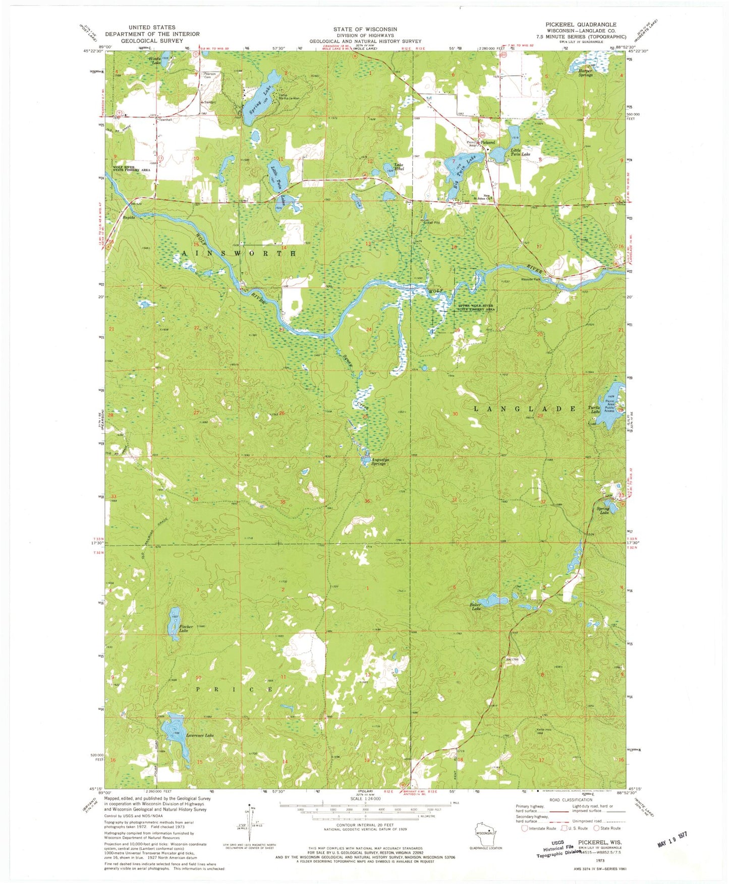 Classic USGS Pickerel Wisconsin 7.5'x7.5' Topo Map Image