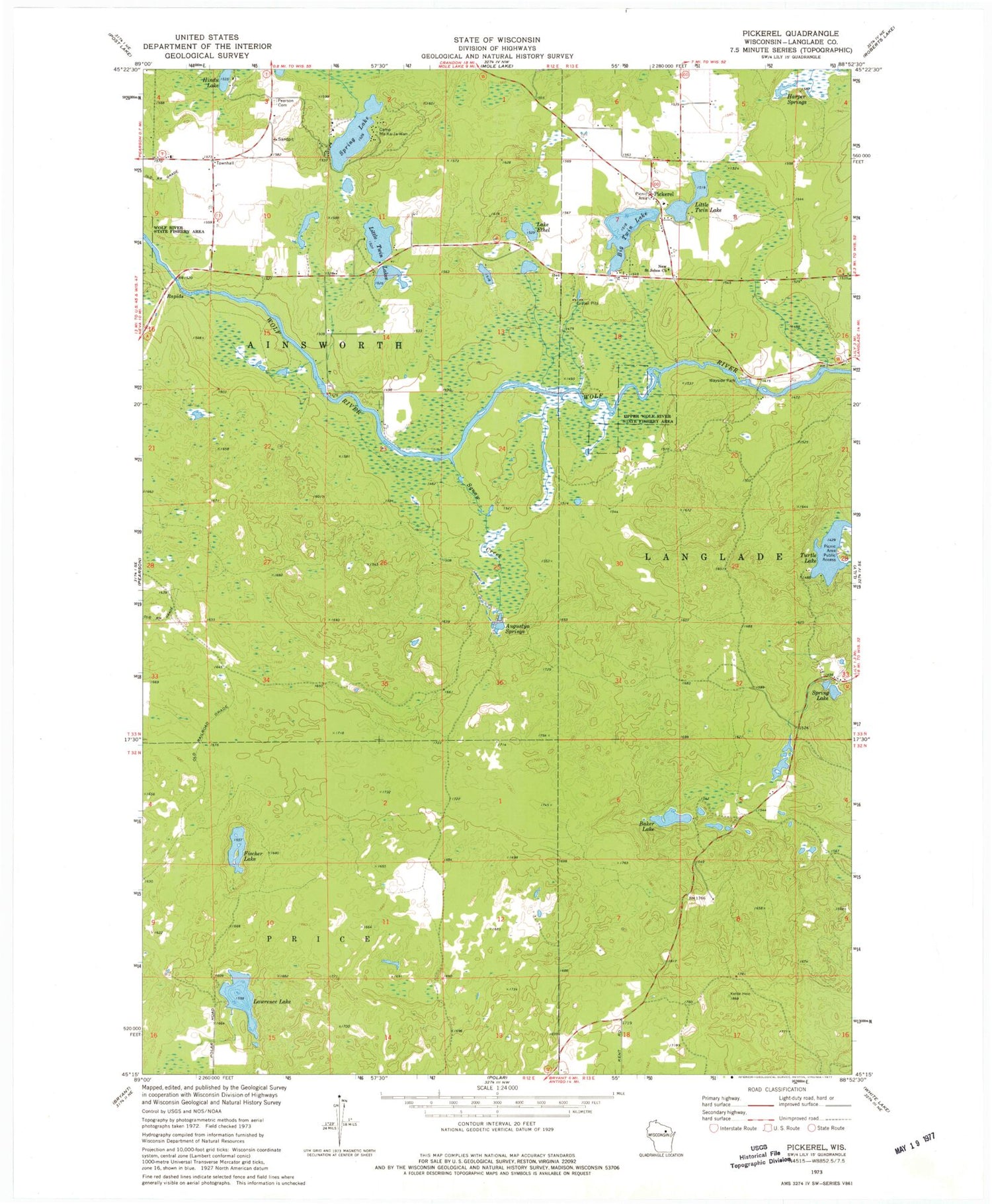 Classic USGS Pickerel Wisconsin 7.5'x7.5' Topo Map Image