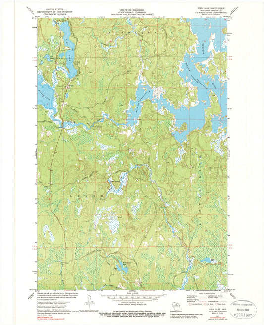 Classic USGS Pier Lake Wisconsin 7.5'x7.5' Topo Map Image