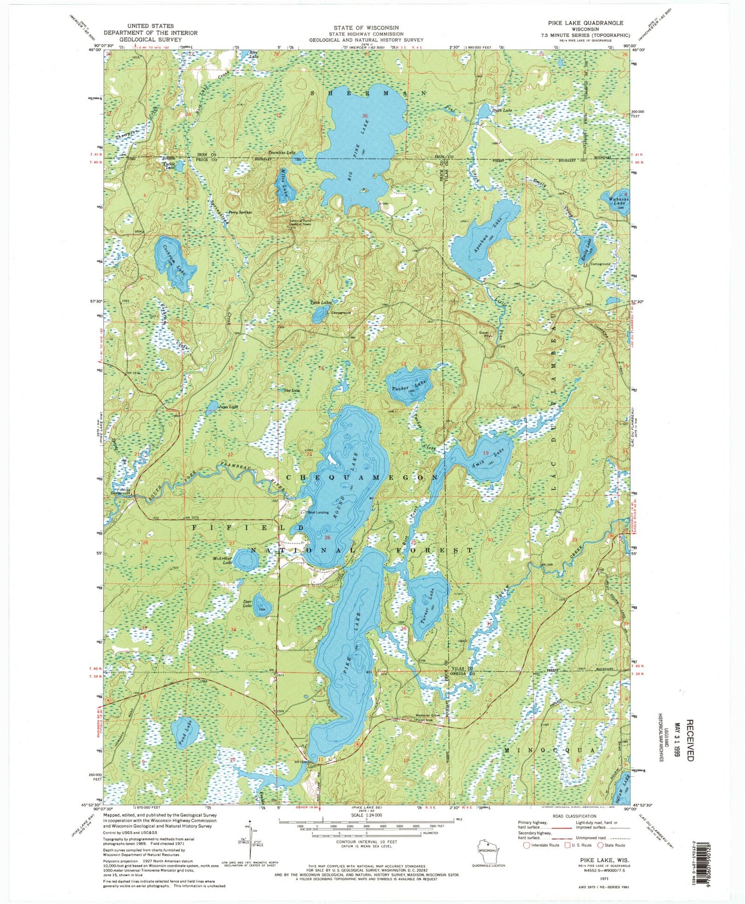 Classic USGS Pike Lake Wisconsin 7.5'x7.5' Topo Map Image