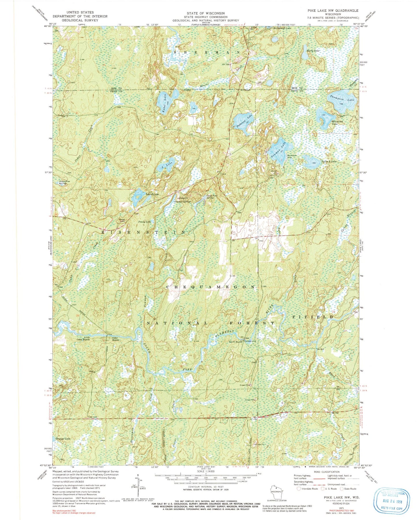 Classic USGS Pike Lake NW Wisconsin 7.5'x7.5' Topo Map Image