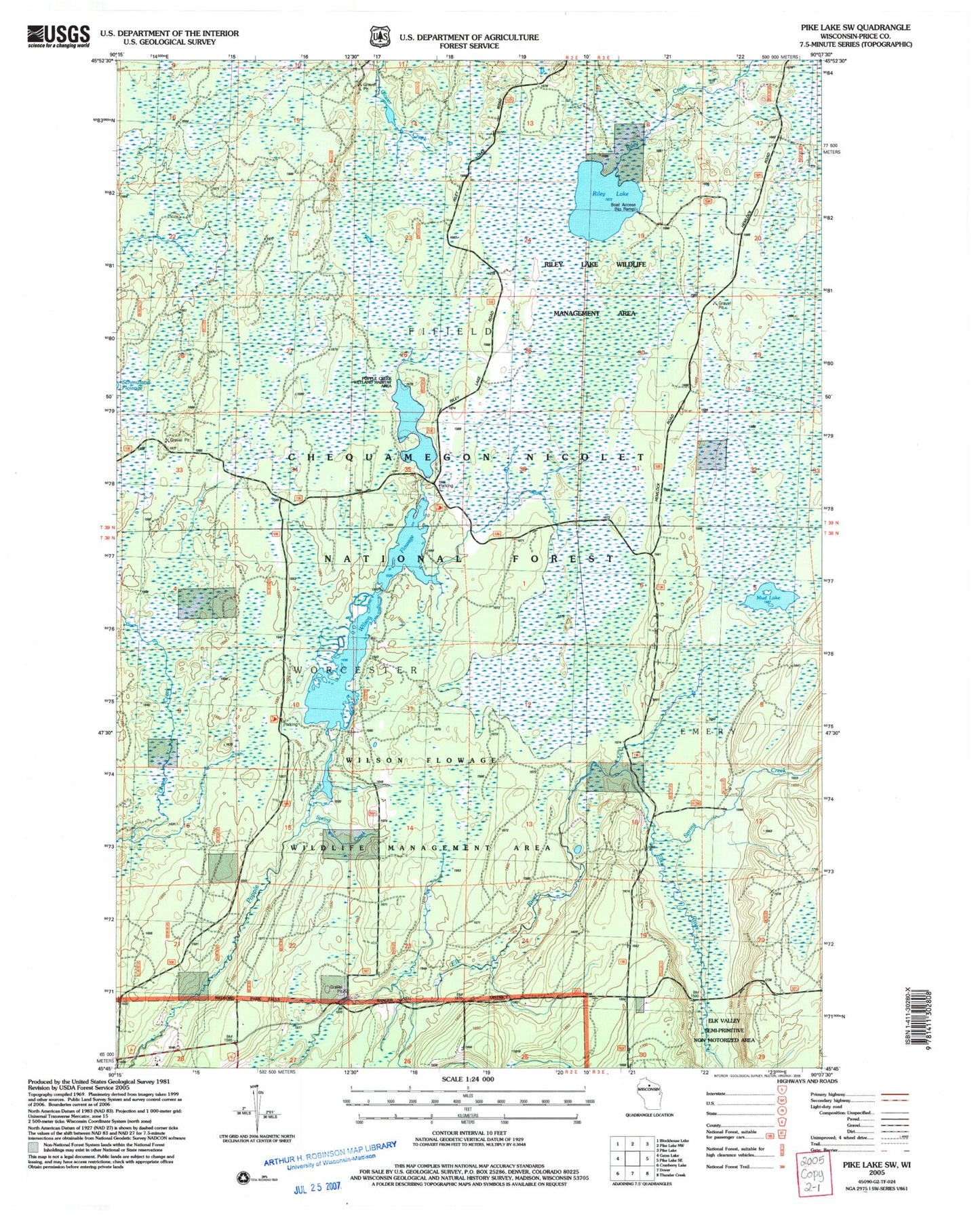 Classic USGS Pike Lake SW Wisconsin 7.5'x7.5' Topo Map Image