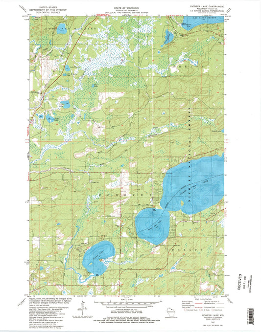 Classic USGS Pioneer Lake Wisconsin 7.5'x7.5' Topo Map Image