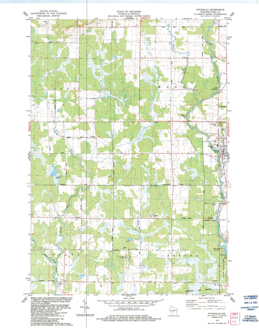 Classic USGS Pittsville Wisconsin 7.5'x7.5' Topo Map Image