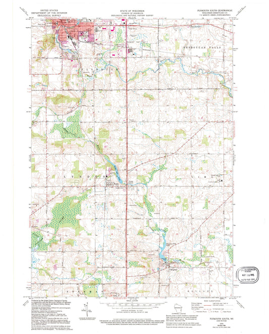 Classic USGS Plymouth South Wisconsin 7.5'x7.5' Topo Map Image