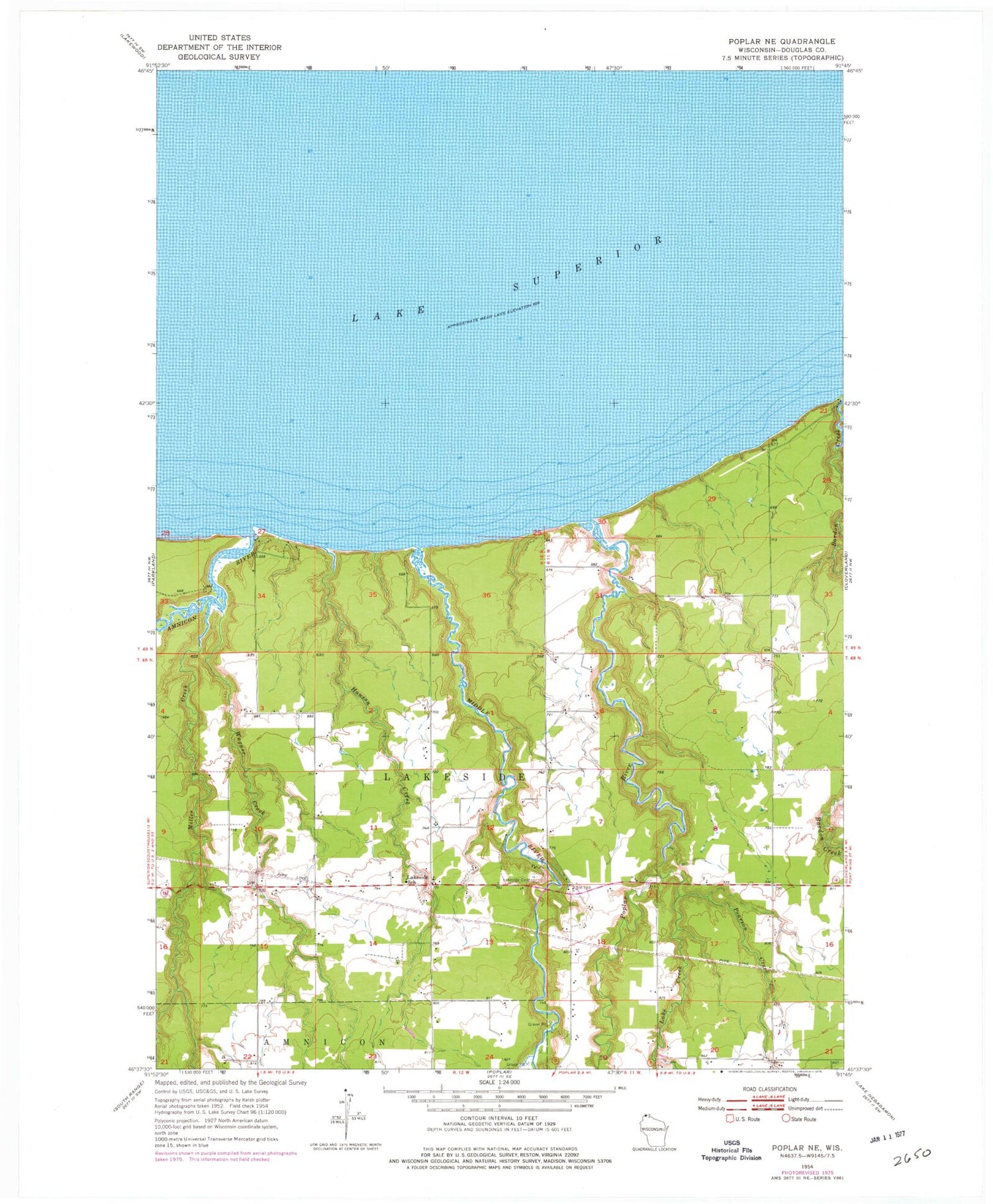 Classic USGS Poplar NE Wisconsin 7.5'x7.5' Topo Map Image