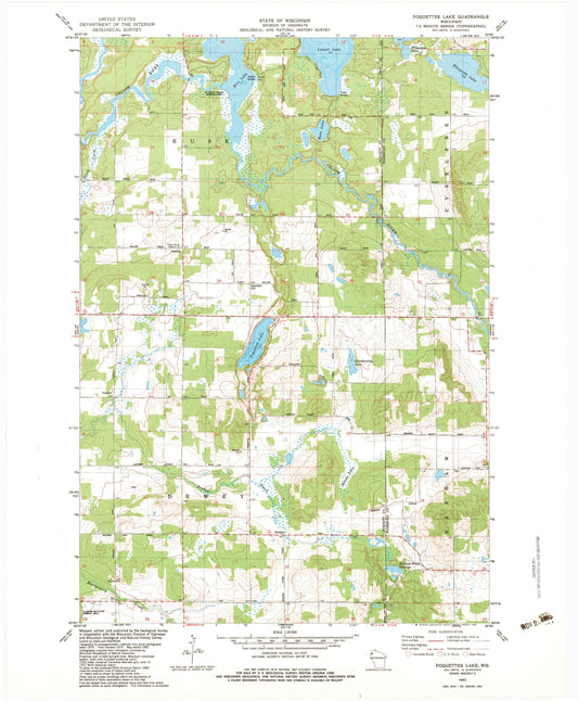 Classic USGS Poquettes Lake Wisconsin 7.5'x7.5' Topo Map Image