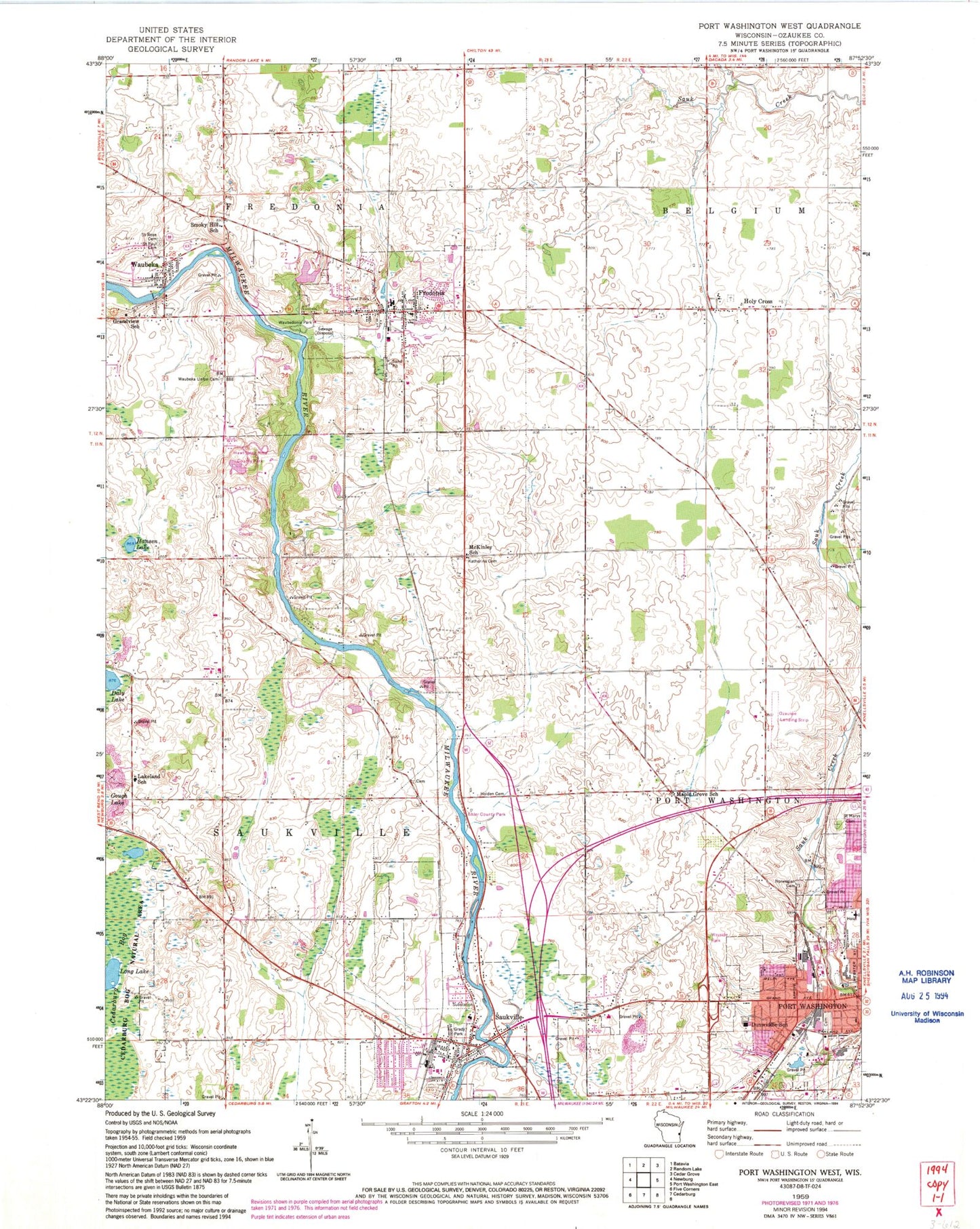 Classic USGS Port Washington West Wisconsin 7.5'x7.5' Topo Map Image