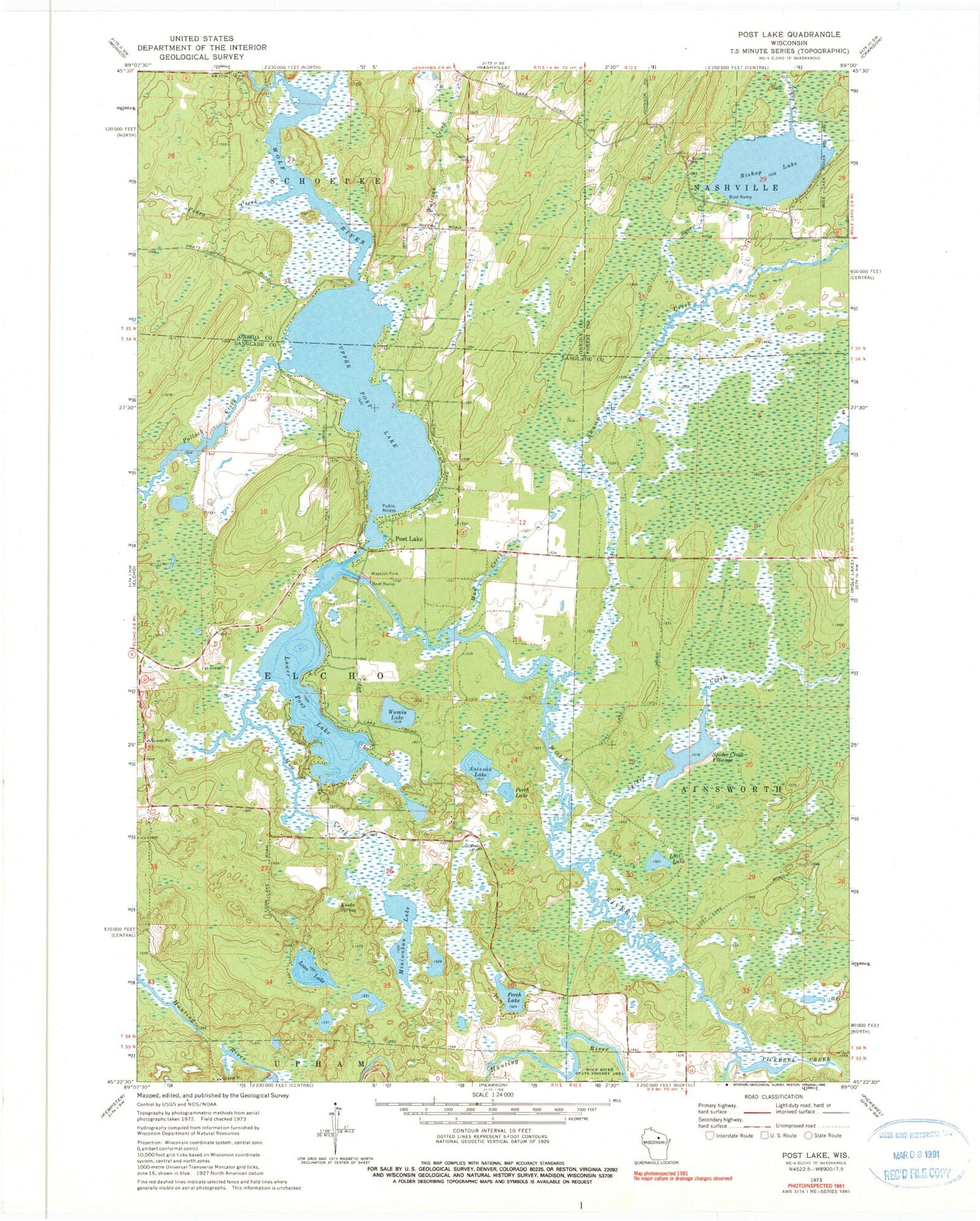Classic USGS Post Lake Wisconsin 7.5'x7.5' Topo Map Image