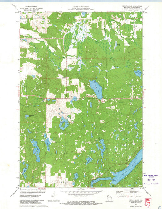 Classic USGS Potato Lake Wisconsin 7.5'x7.5' Topo Map Image