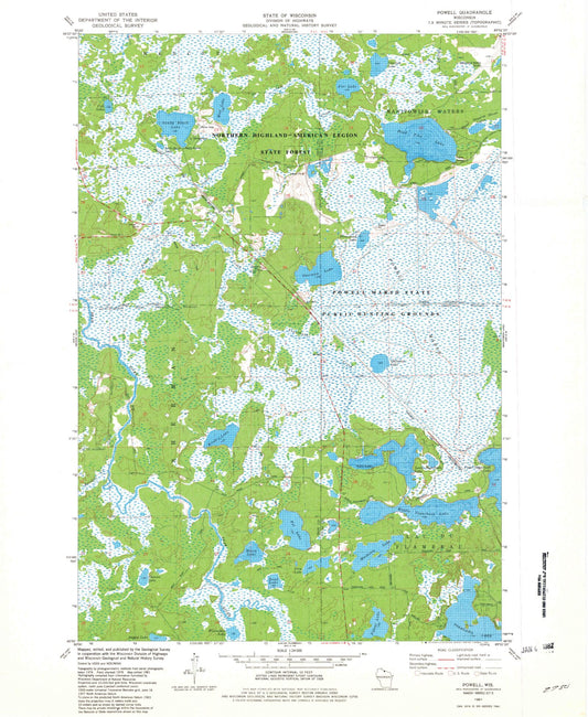 Classic USGS Powell Wisconsin 7.5'x7.5' Topo Map Image