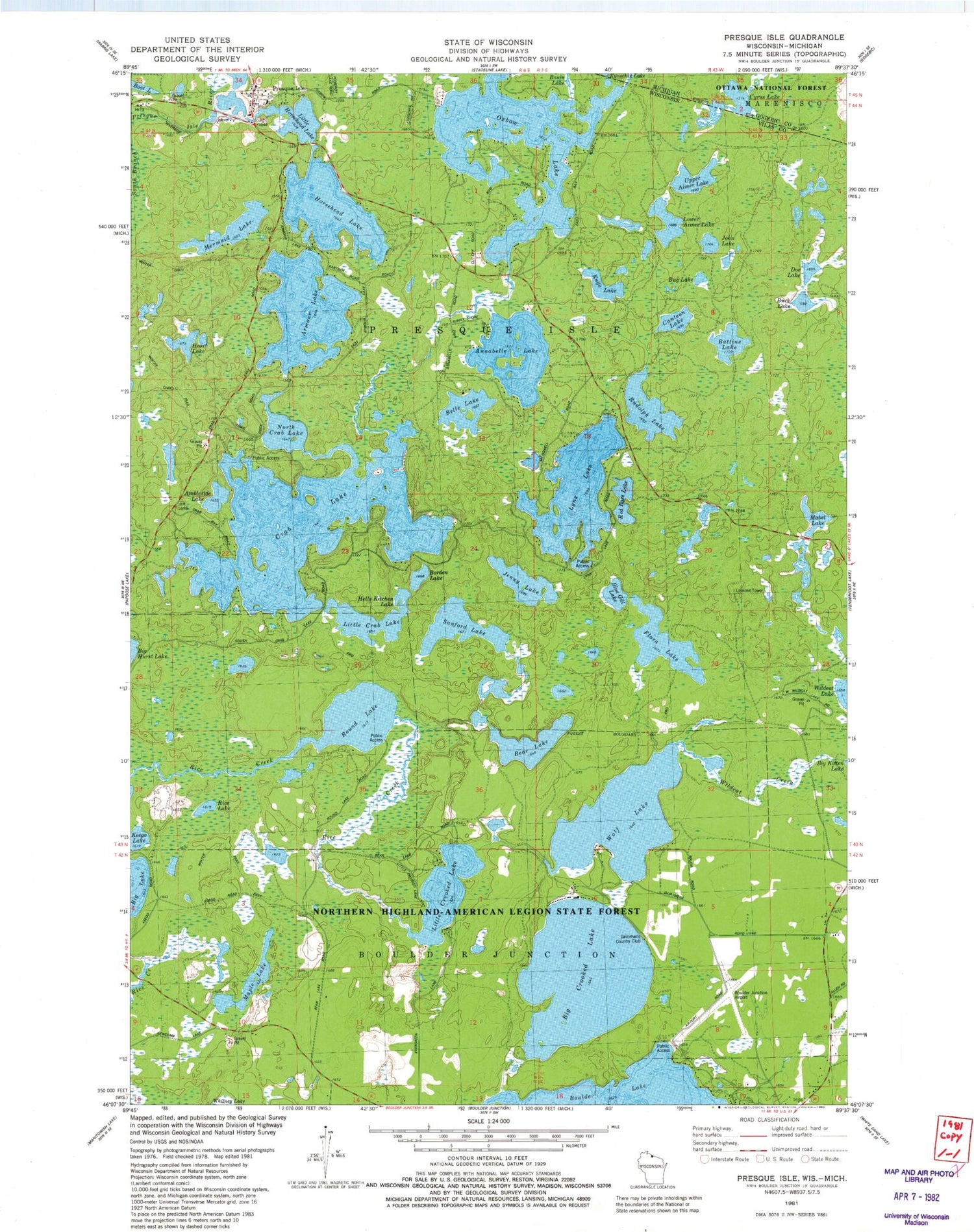 Classic USGS Presque Isle Wisconsin 7.5'x7.5' Topo Map Image