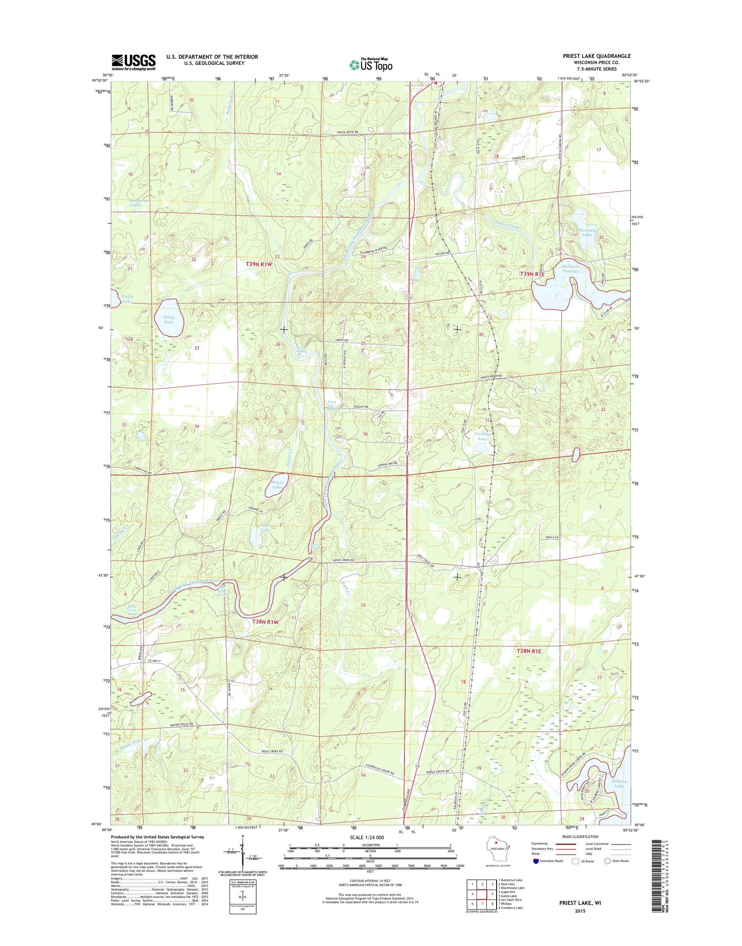 Priest Lake Wisconsin US Topo Map Image