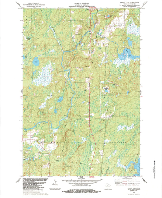 Classic USGS Priest Lake Wisconsin 7.5'x7.5' Topo Map Image