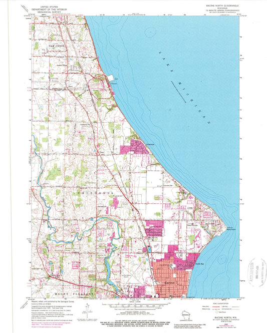 Classic USGS Racine North Wisconsin 7.5'x7.5' Topo Map Image