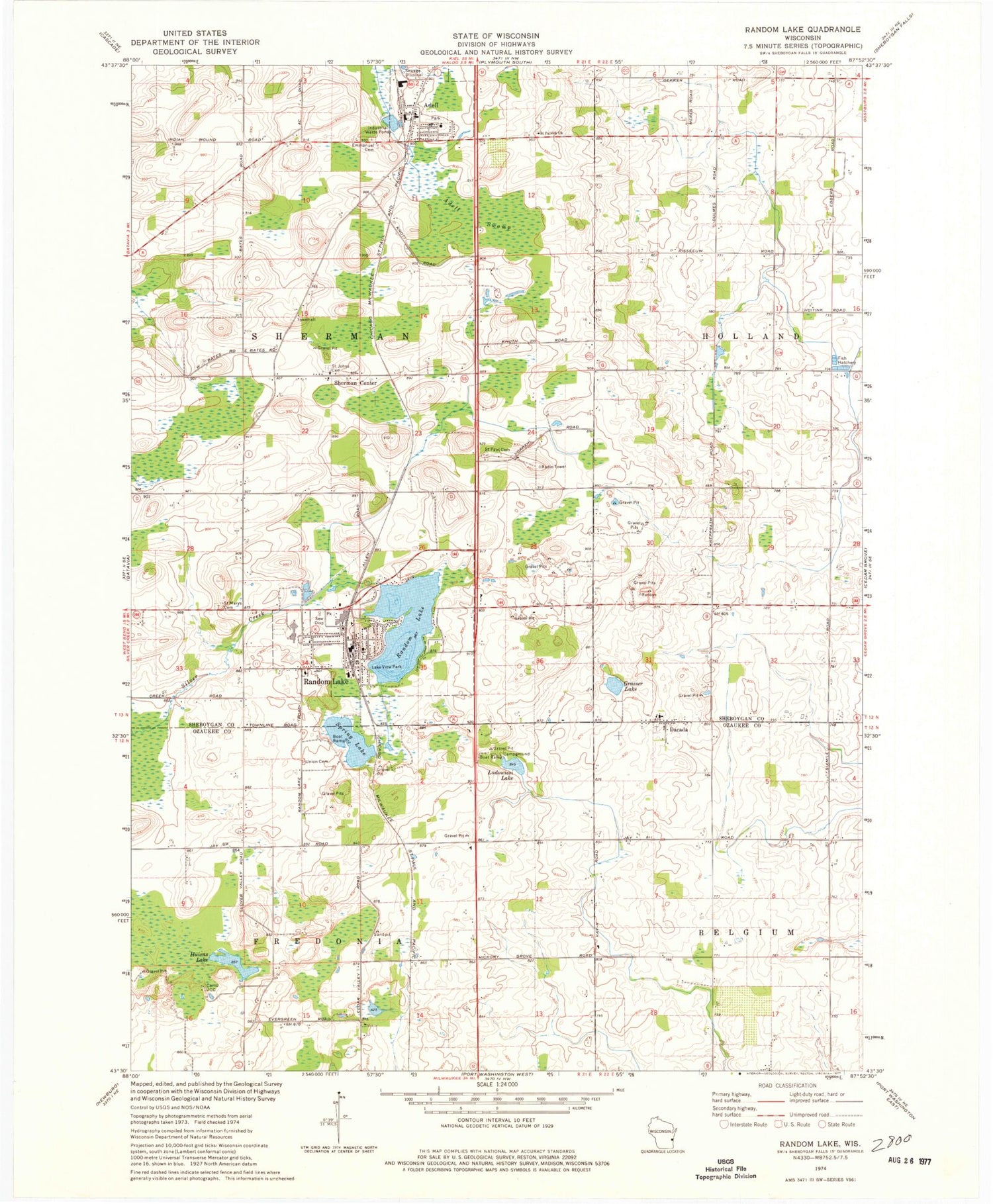 Classic USGS Random Lake Wisconsin 7.5'x7.5' Topo Map Image