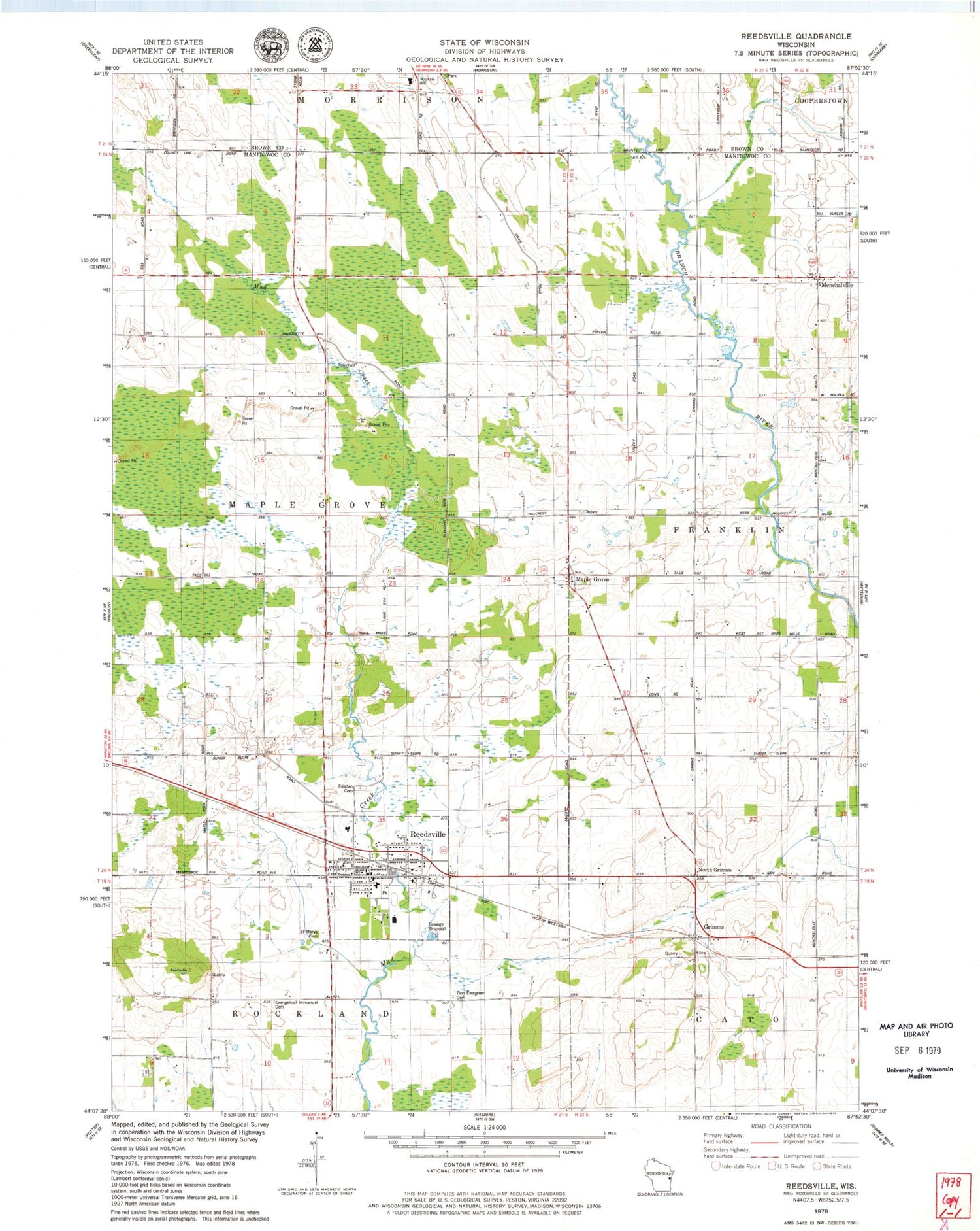 Classic USGS Reedsville Wisconsin 7.5'x7.5' Topo Map Image