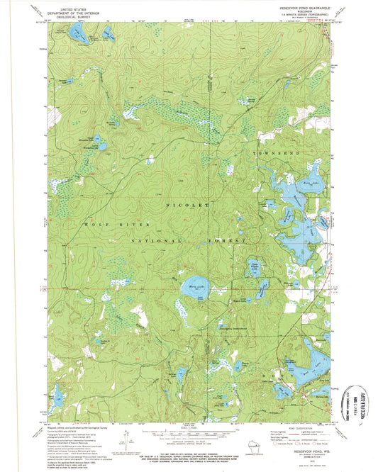 Classic USGS Reservoir Pond Wisconsin 7.5'x7.5' Topo Map Image