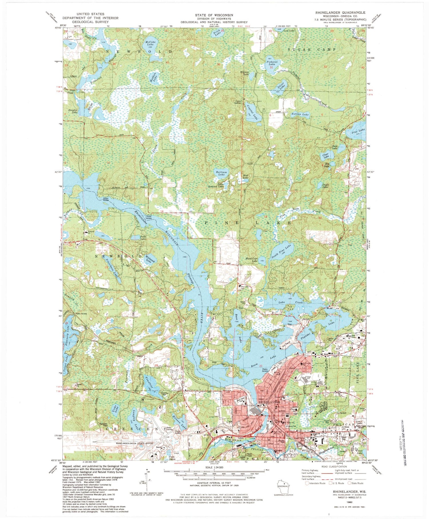 Classic USGS Rhinelander Wisconsin 7.5'x7.5' Topo Map Image