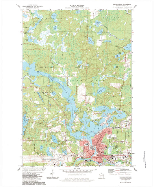 Classic USGS Rhinelander Wisconsin 7.5'x7.5' Topo Map Image
