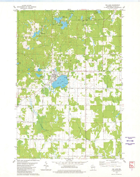 Classic USGS Rib Lake Wisconsin 7.5'x7.5' Topo Map Image