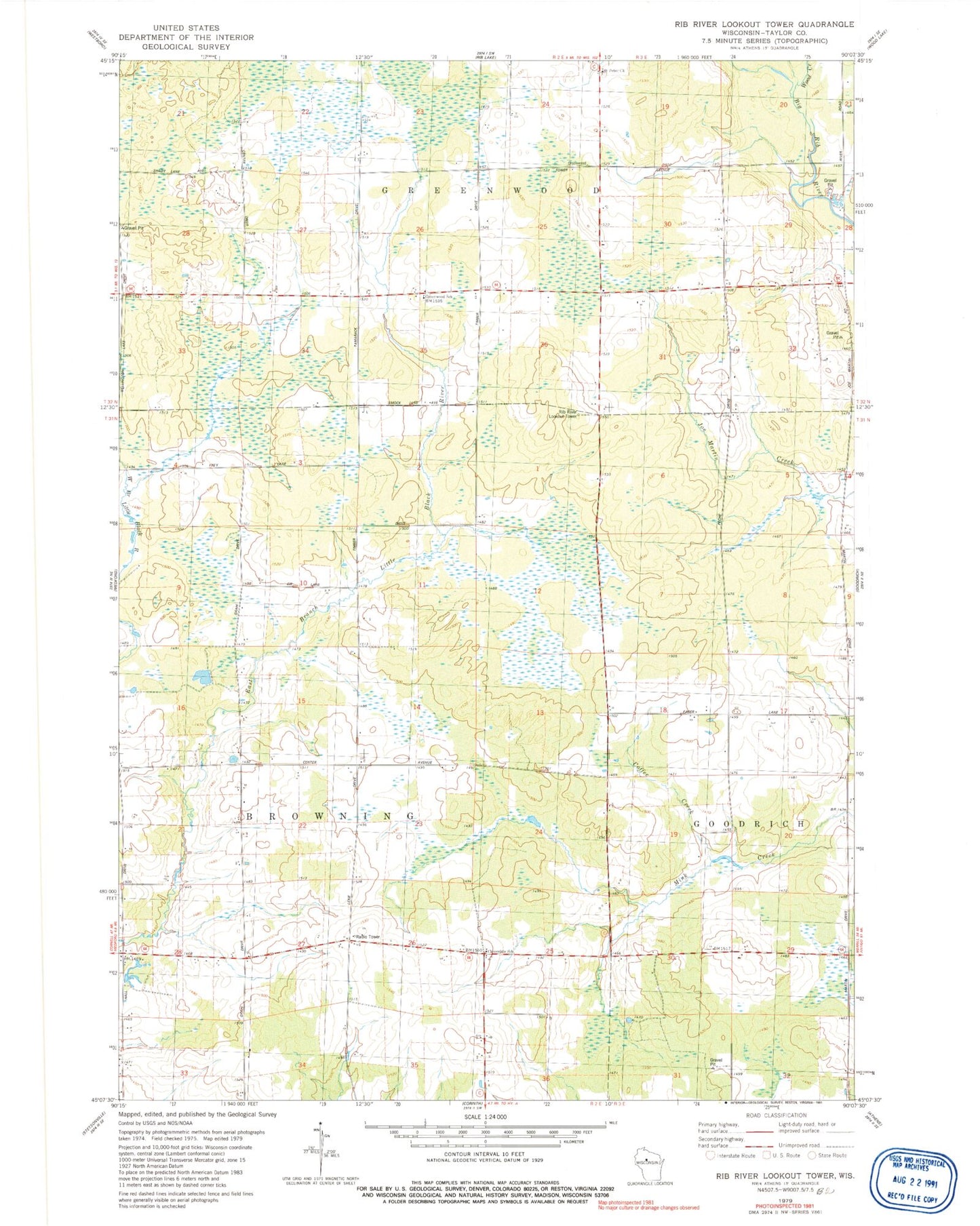 Classic USGS Rib River Lookout Tower Wisconsin 7.5'x7.5' Topo Map Image