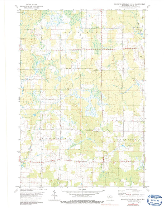 Classic USGS Rib River Lookout Tower Wisconsin 7.5'x7.5' Topo Map Image