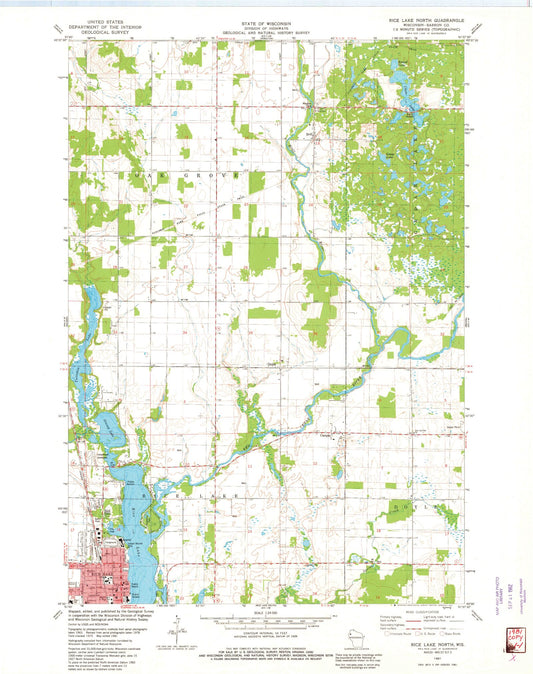 Classic USGS Rice Lake North Wisconsin 7.5'x7.5' Topo Map Image