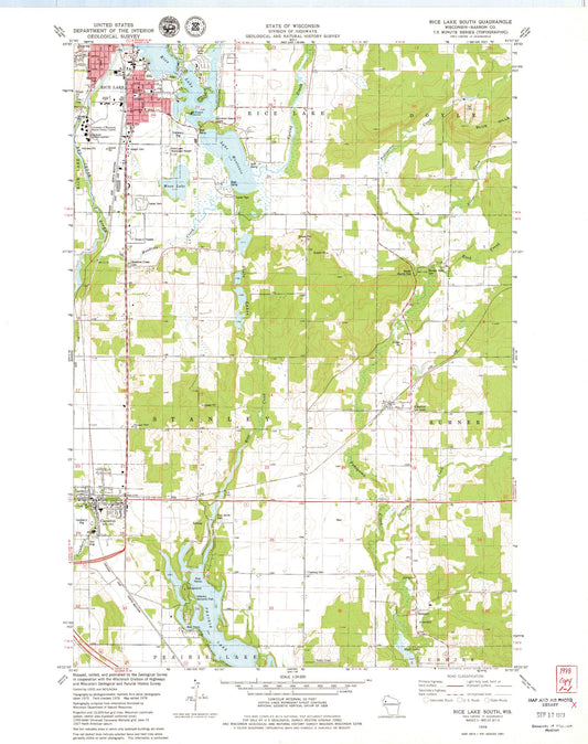 Classic USGS Rice Lake South Wisconsin 7.5'x7.5' Topo Map Image
