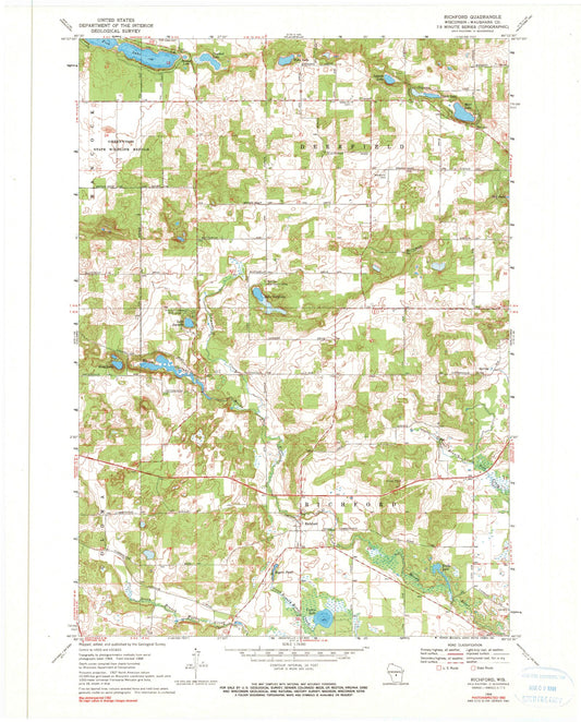 Classic USGS Richford Wisconsin 7.5'x7.5' Topo Map Image