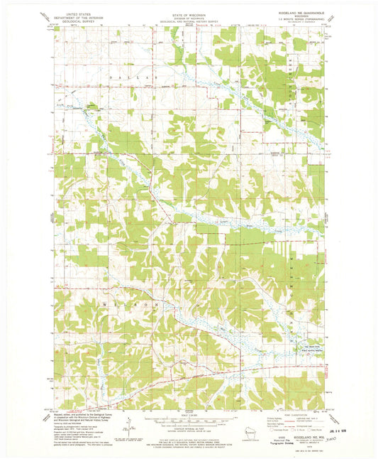 Classic USGS Ridgeland NE Wisconsin 7.5'x7.5' Topo Map Image