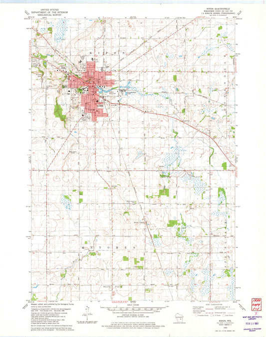 Classic USGS Ripon Wisconsin 7.5'x7.5' Topo Map Image