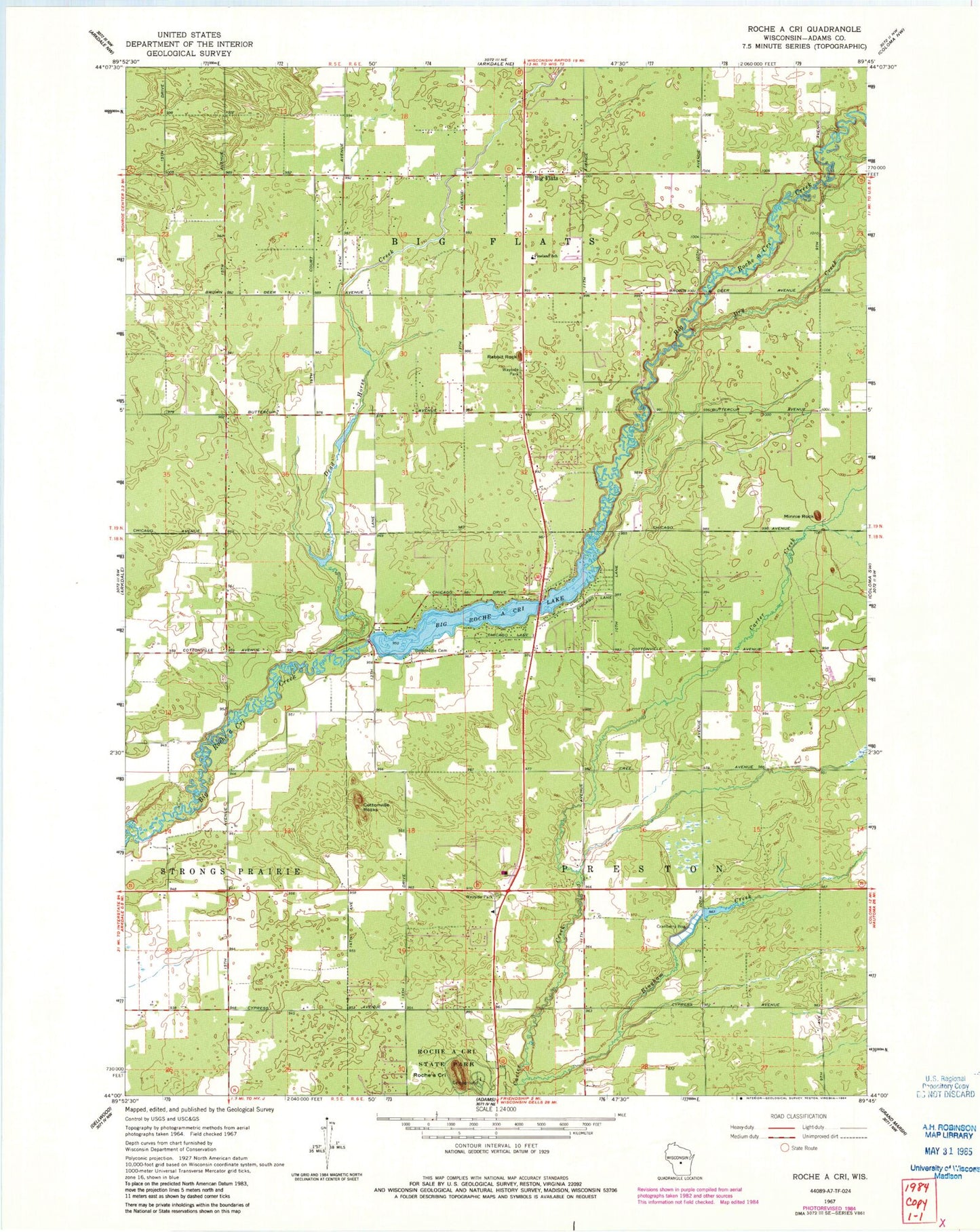 Classic USGS Roche A Cri Wisconsin 7.5'x7.5' Topo Map Image
