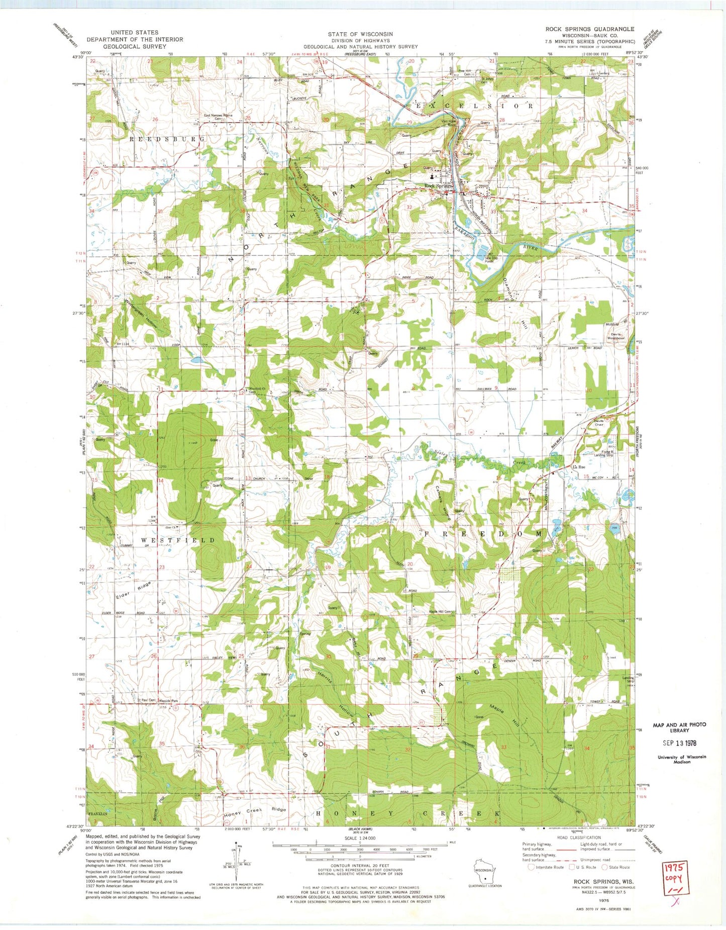 Classic USGS Rock Falls Wisconsin 7.5'x7.5' Topo Map Image