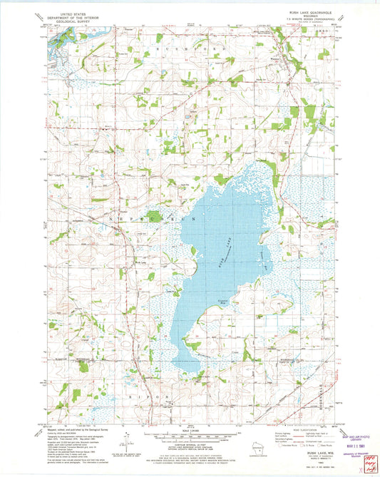 Classic USGS Rush Lake Wisconsin 7.5'x7.5' Topo Map Image