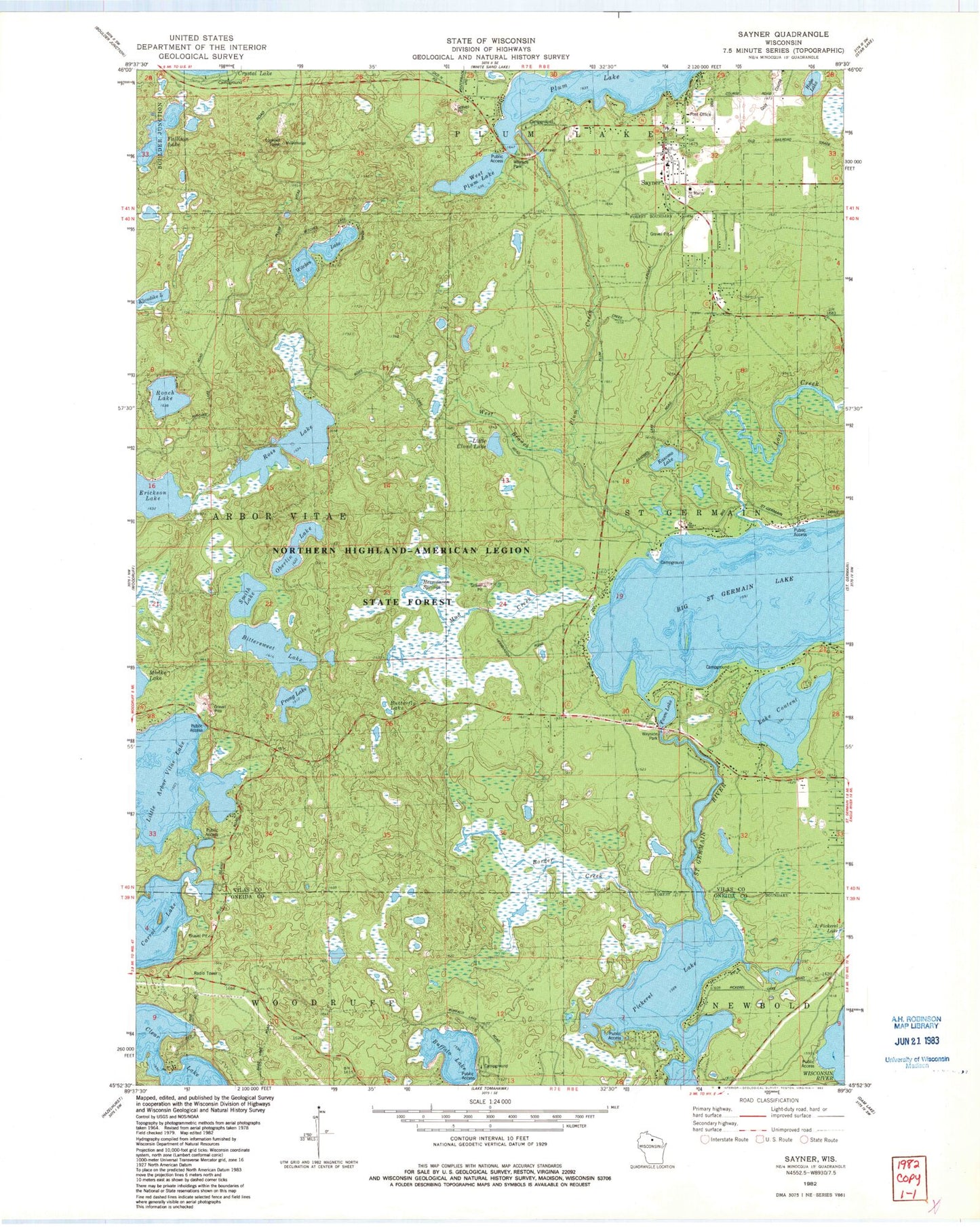 Classic USGS Sayner Wisconsin 7.5'x7.5' Topo Map Image