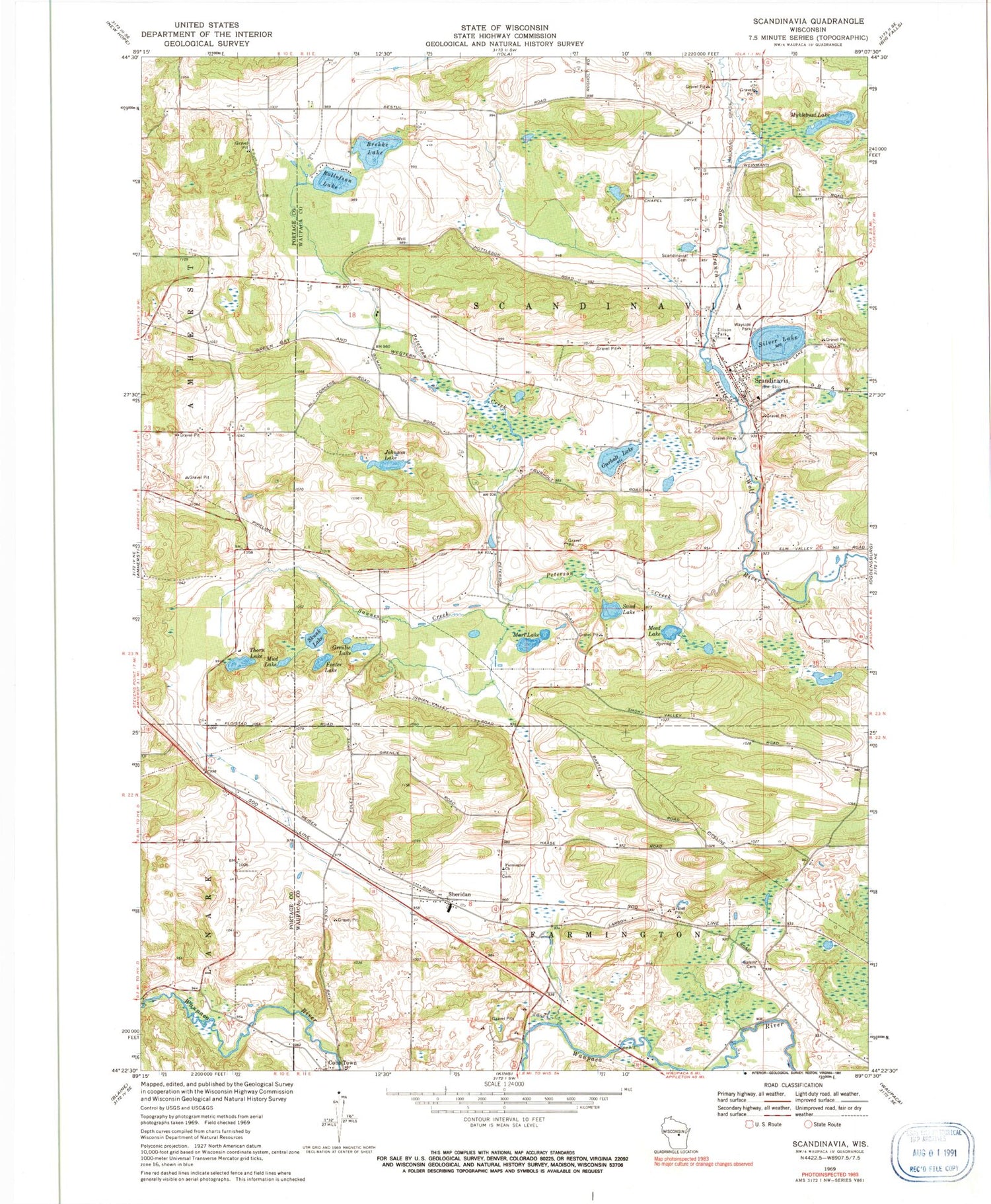 Classic USGS Scandinavia Wisconsin 7.5'x7.5' Topo Map Image