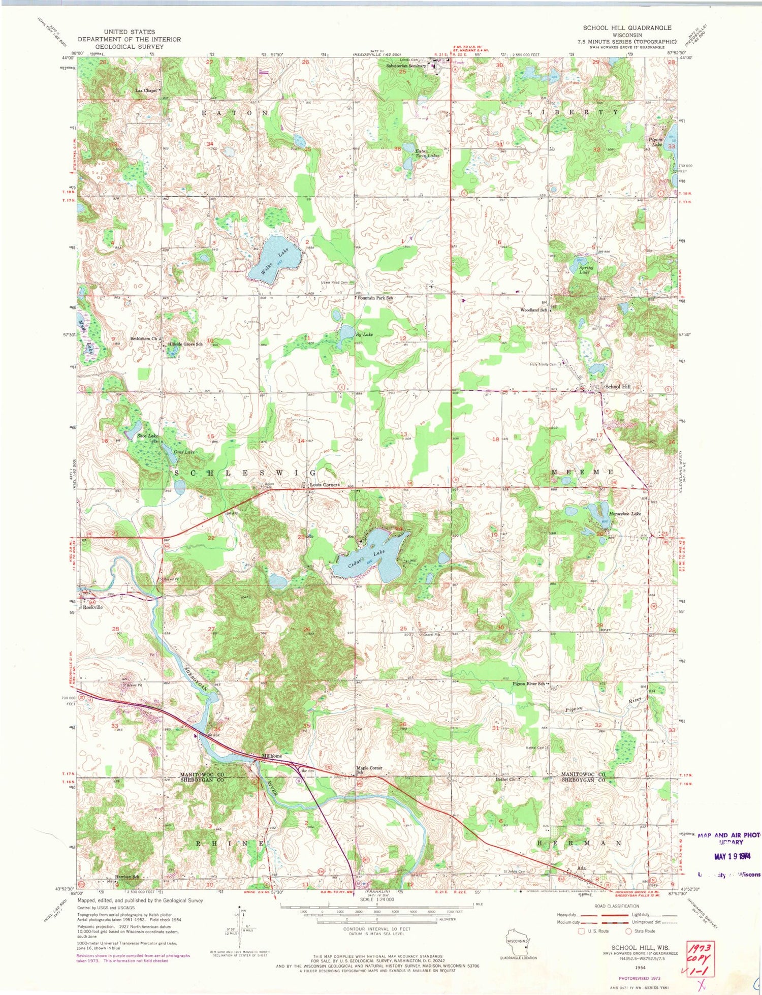 Classic USGS School Hill Wisconsin 7.5'x7.5' Topo Map Image