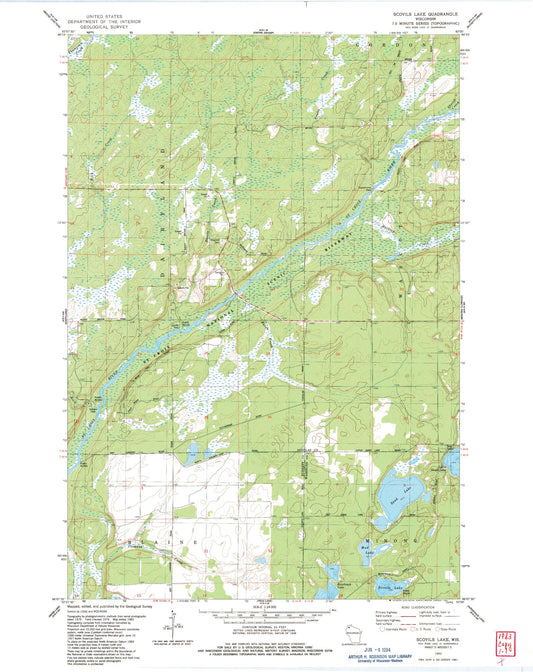 Classic USGS Scovils Lake Wisconsin 7.5'x7.5' Topo Map Image